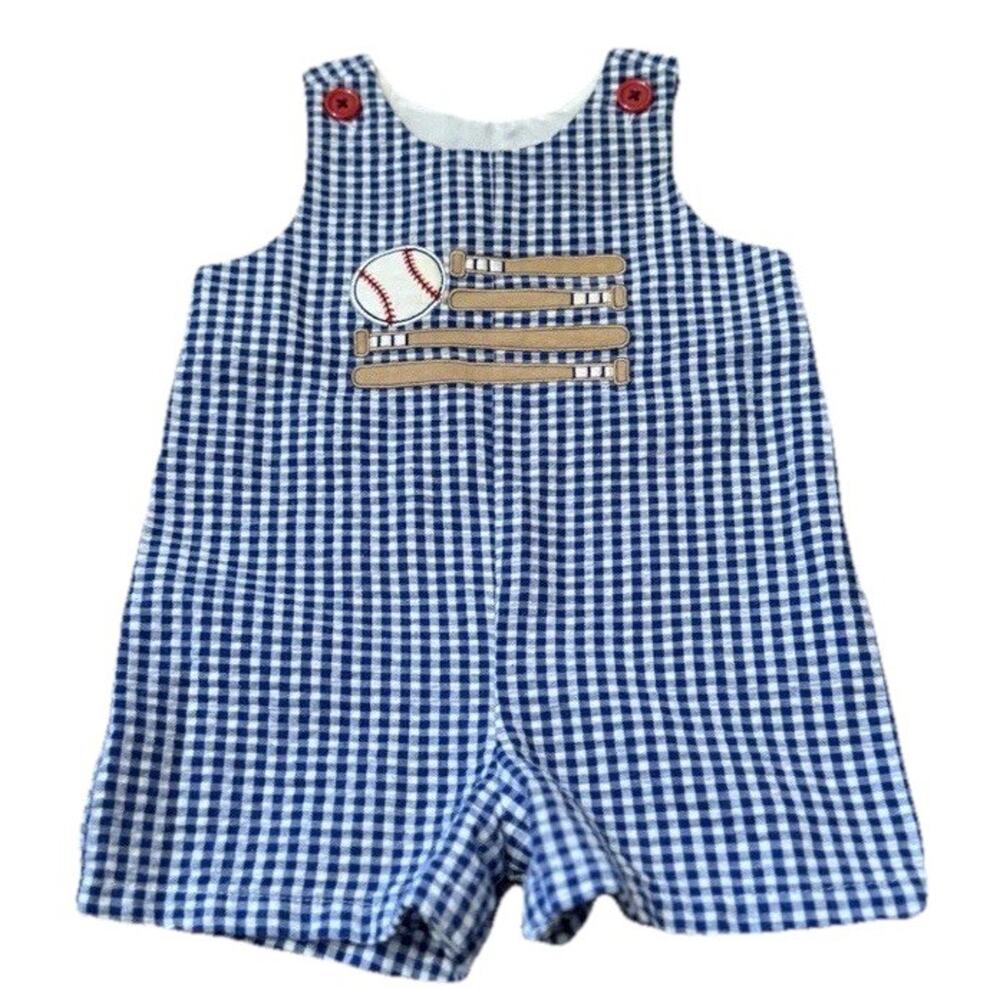 Goodlad Blue Gingham Shortall Romper Baseball Appliqué Boys Sz 12M Cotton Blend